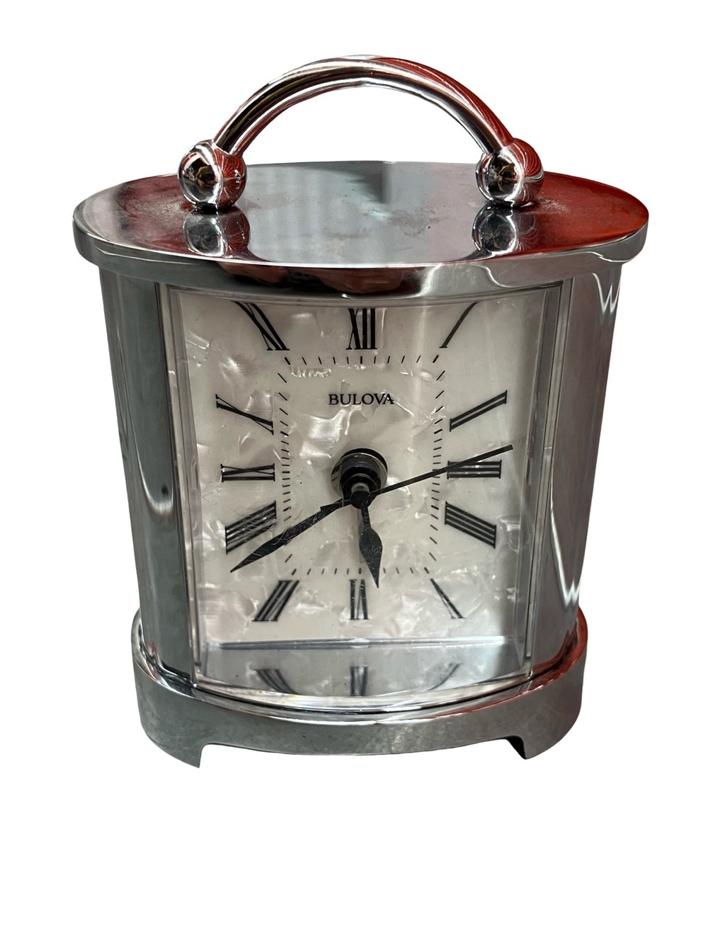 Bulova Desk Clock Silver Toned Pearl Face Roman Numerals Carriage Style Office ~